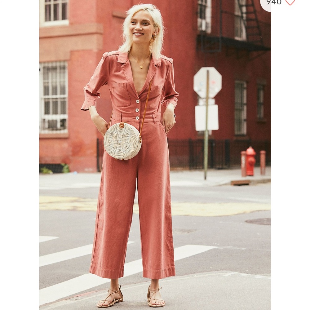 Free People Rust Salmon Button-Front Jumpsuit “Back into It”
